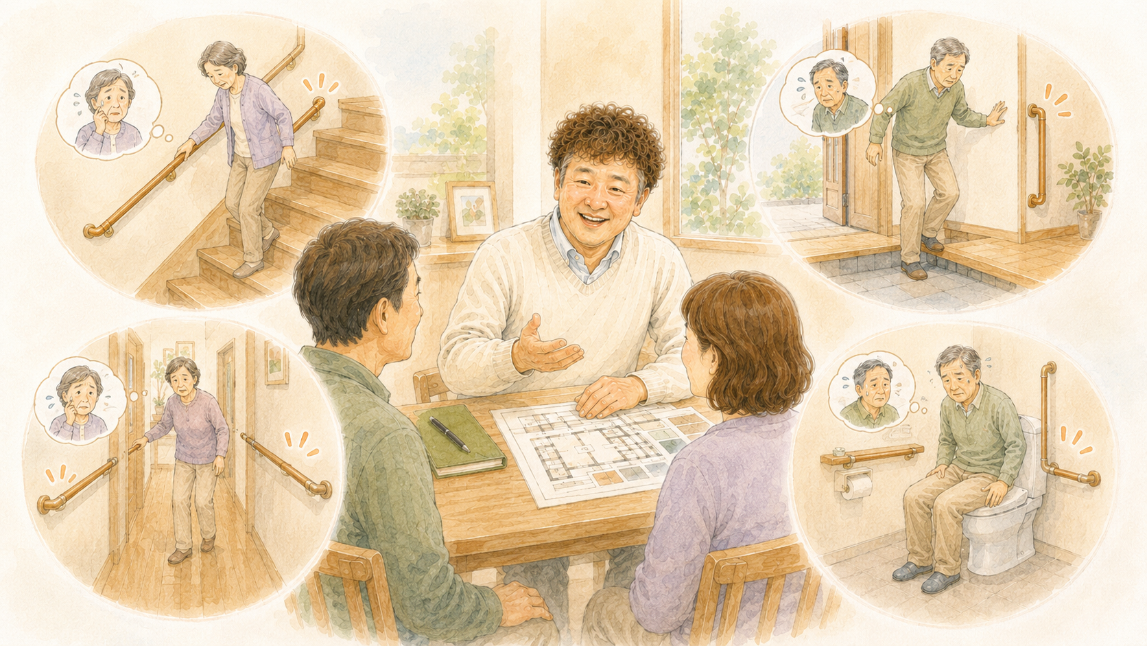 階段・玄関・廊下・トイレまわりの不安を説明する手すり取り付けイラストを説明した図解