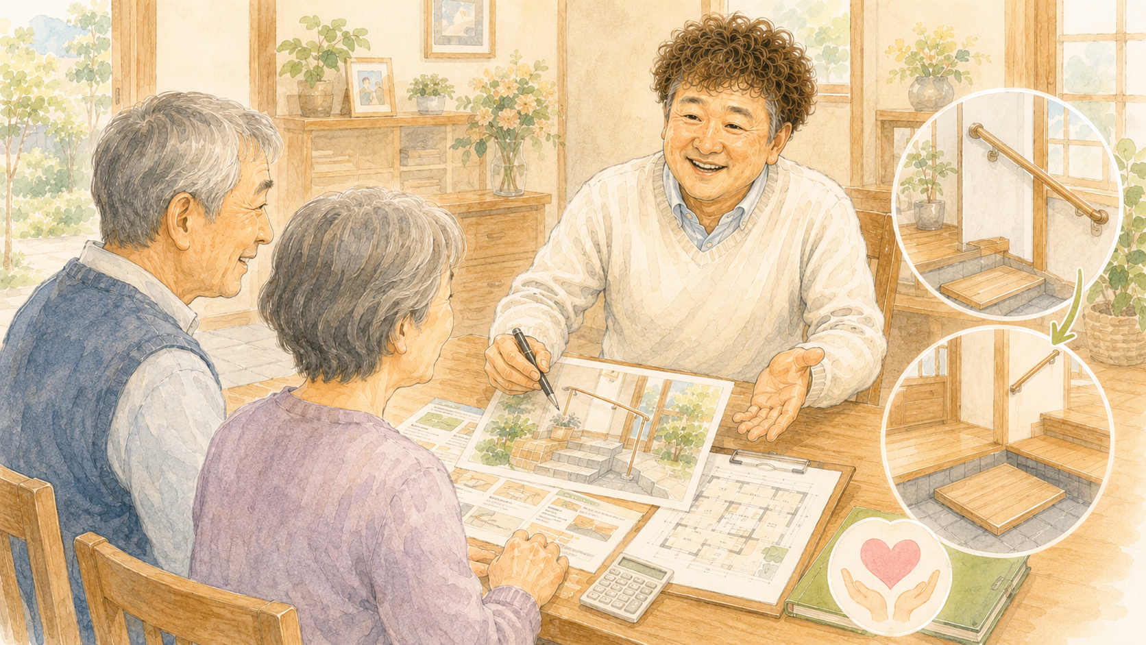 介護保険住宅改修を活用した手すり取り付けや段差解消の相談イラストを説明した図解