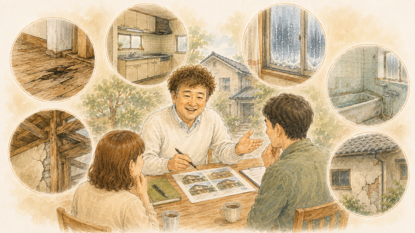 空き家や中古住宅でよくある床・水回り・断熱・耐震の不安を説明するイラストを説明した図解を説明した図解