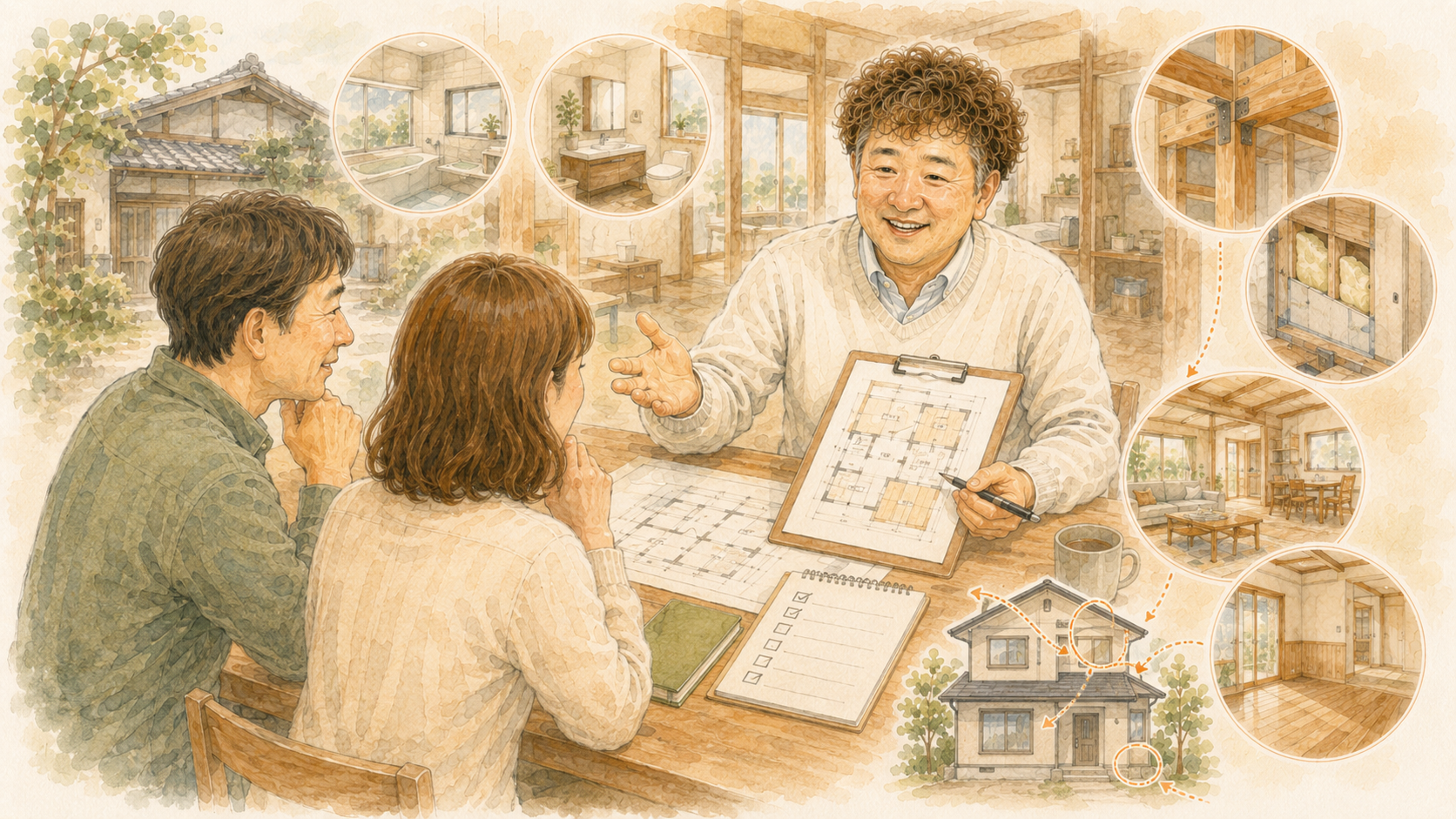 空き家や中古住宅の改修箇所と優先順位を相談するリノベーション計画イラストを説明した図解を説明した図解