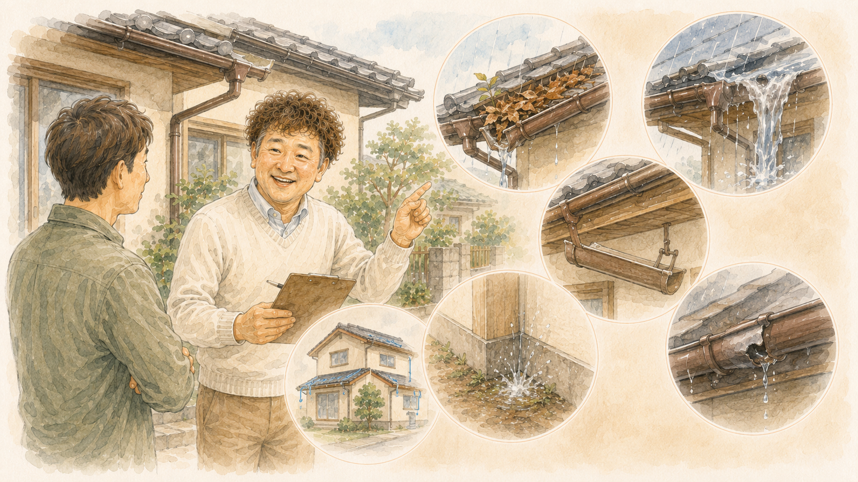 雨樋の外れ・詰まり・破損や雨水トラブルを説明するイラストを説明した図解を説明した図解
