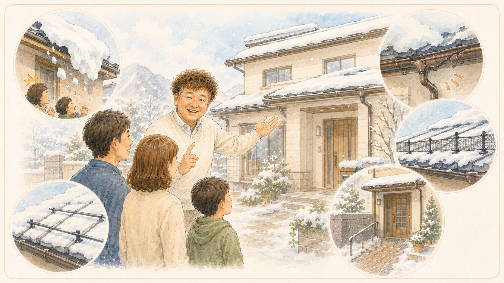 雪止めネット・雪持ちパイプなど屋根まわりの雪害対策を説明するイラストを説明した図解を説明した図解