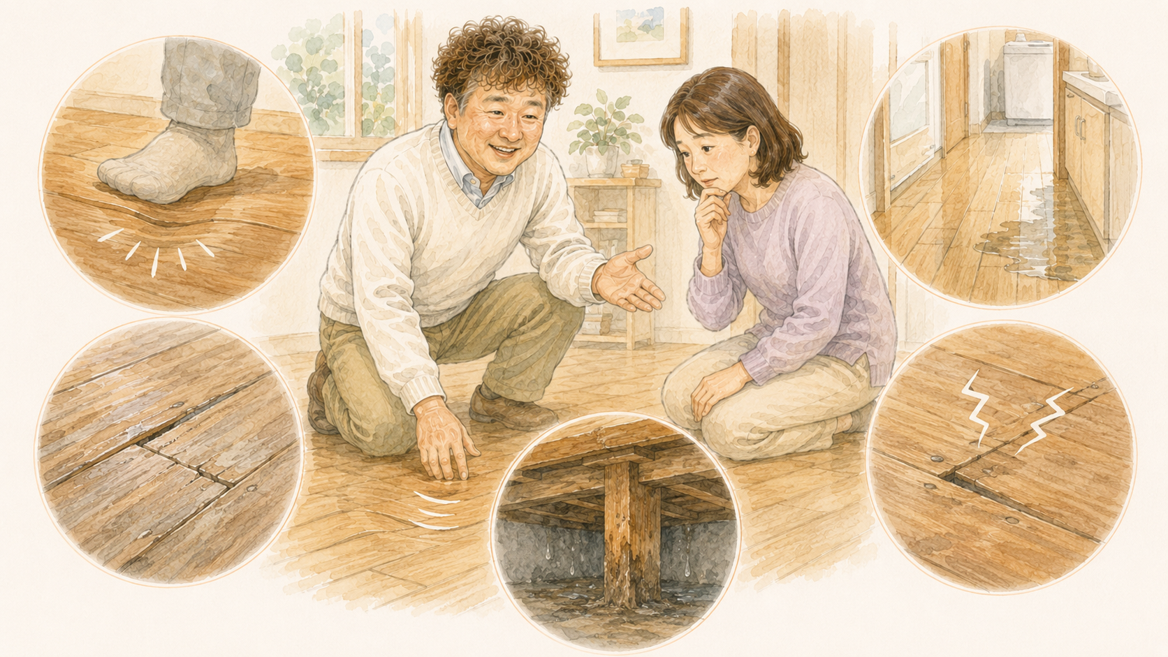 床がふわふわする・沈む・床鳴りなど床の不安を説明するイラストを説明した図解を説明した図解