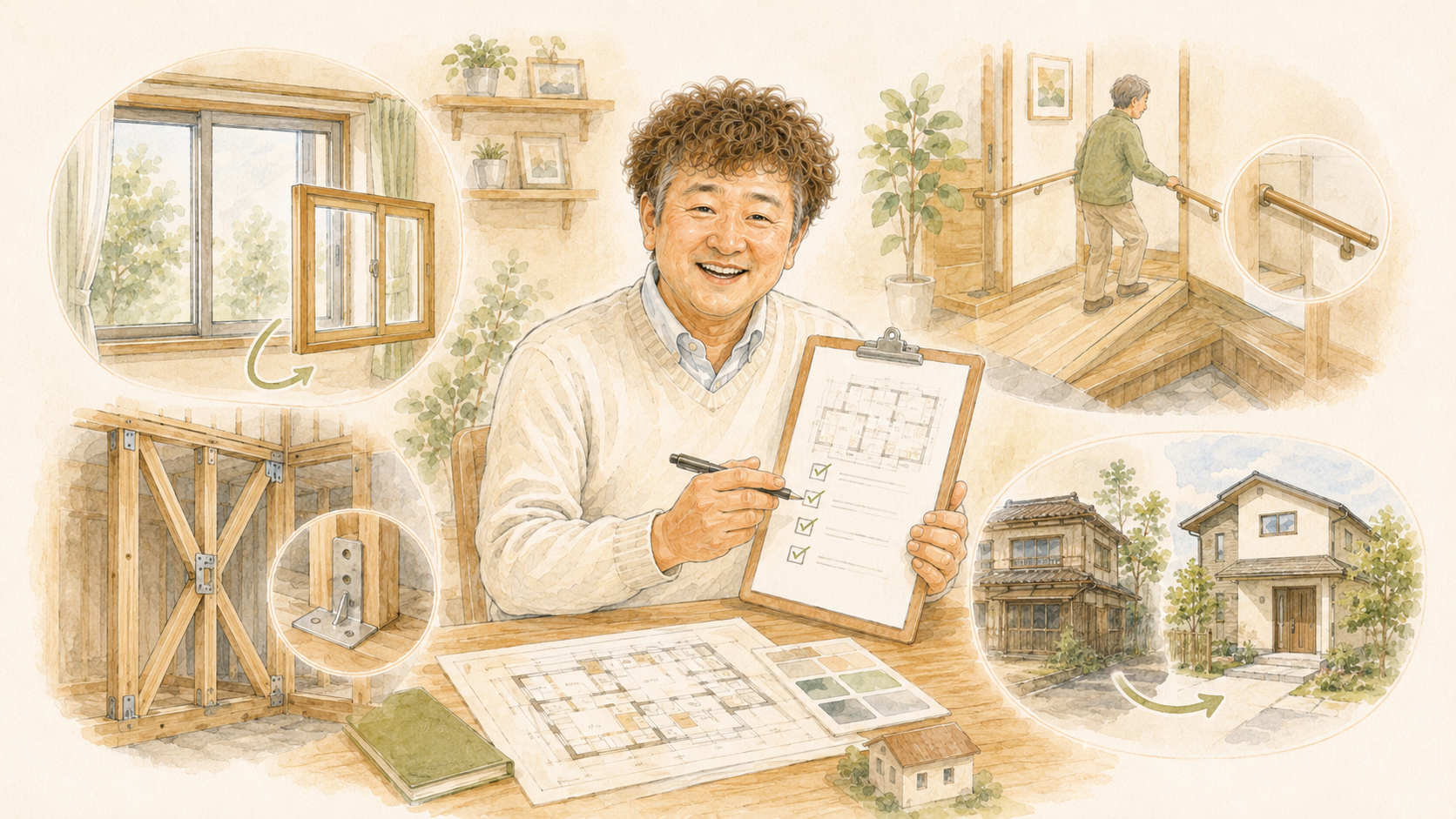 床や雨樋、水回り、手すりなど住まいの小さな修理相談を説明するイラストを説明した図解