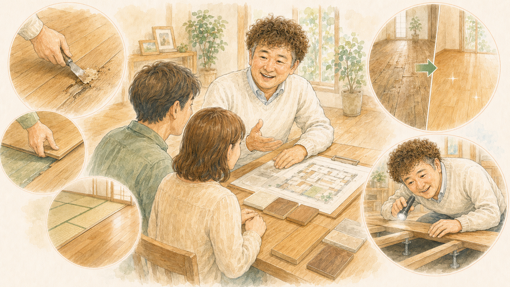 床修理・フローリング張り替え・畳からフローリングへの変更を相談するイラストを説明した図解を説明した図解