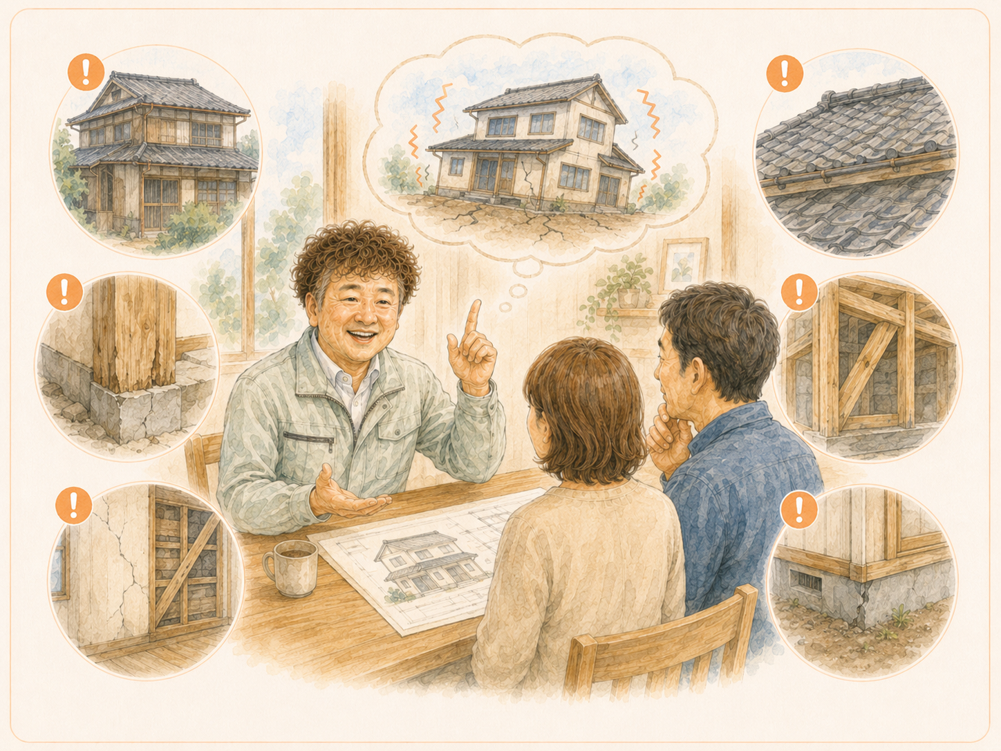 古い家の柱・壁・基礎まわりなど耐震性の不安を説明するイラストを説明した図解を説明した図解