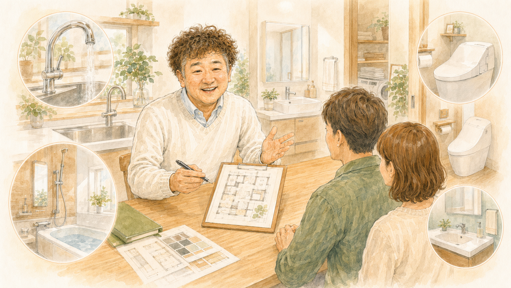 倉吉市・鳥取県中部で水回り修理や水回りリフォームを相談できるもりもと工務店のイラストを説明した図解