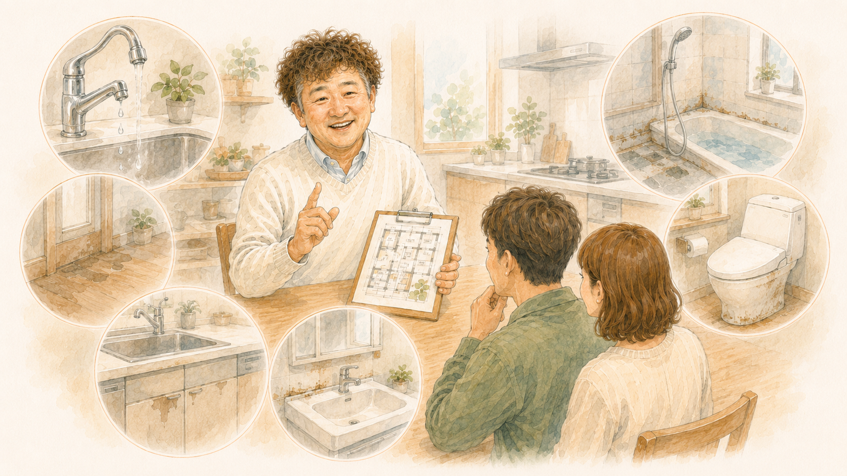 キッチン・浴室・洗面所・トイレまわりの水回りの不安を説明するイラストを説明した図解