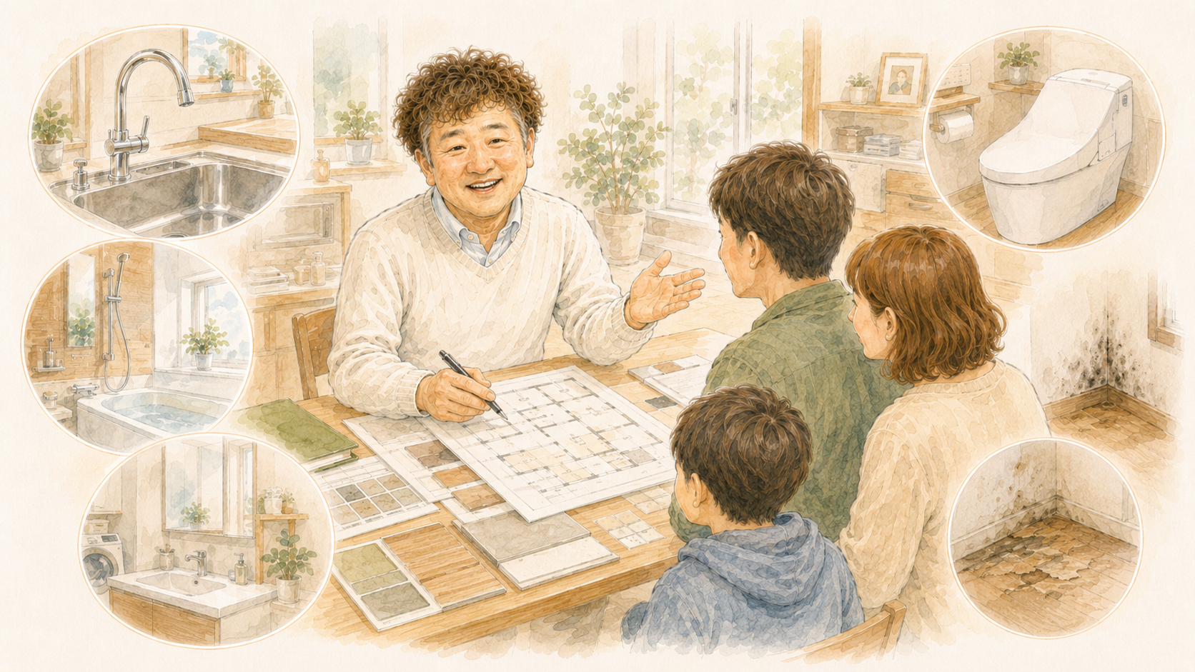 水回り修理・設備交換・床や壁の傷みを相談するリフォーム計画イラストを説明した図解