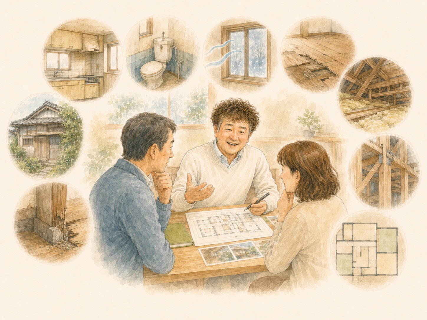 実家・空き家・中古住宅の水回り・床・断熱・耐震などの不安を説明するイラストを説明した図解