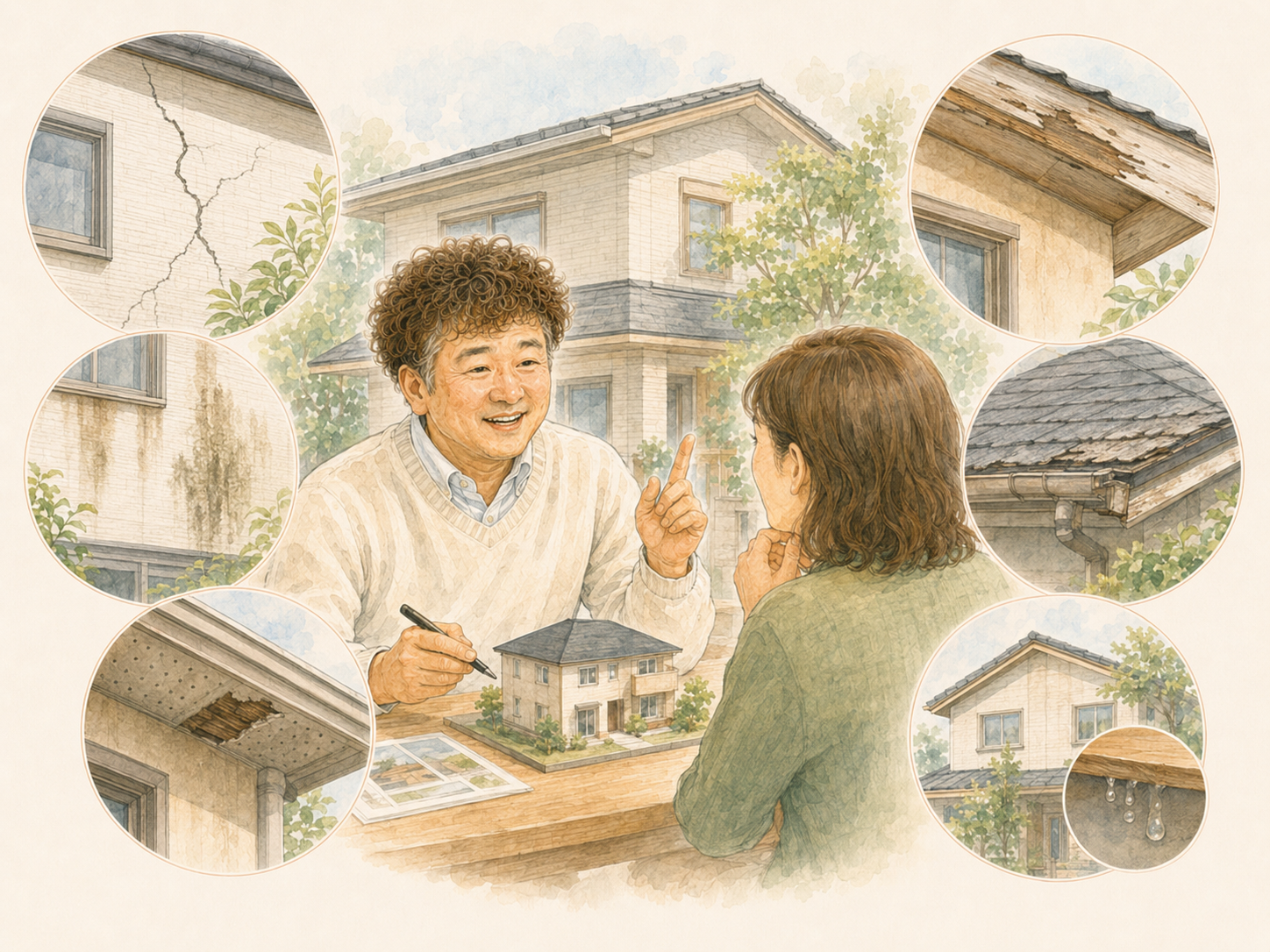 外壁のひび割れ・軒天・破風・屋根まわりの傷みを説明するイラストを説明した図解