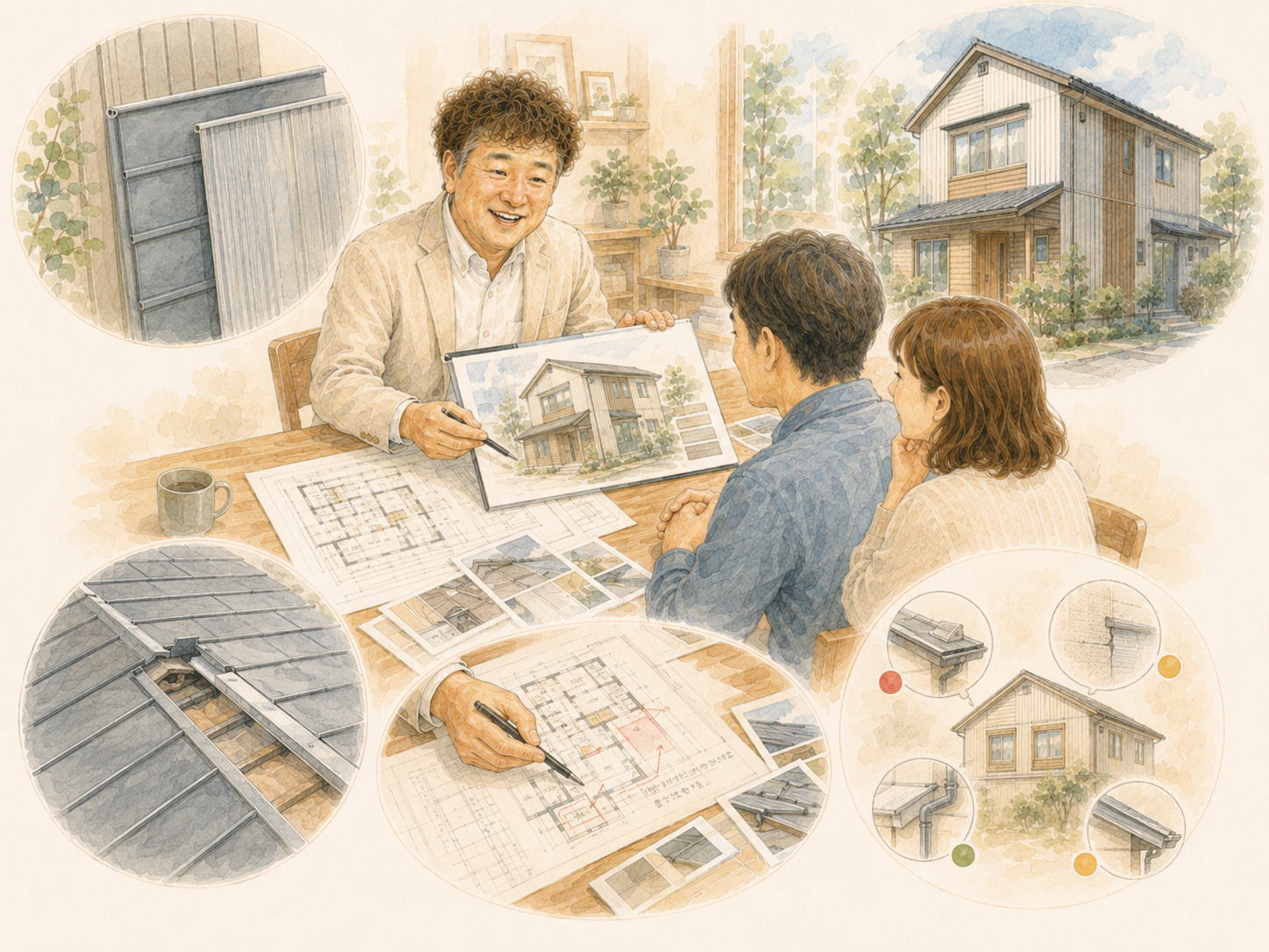 外壁ガルバリウム重ね張りや屋根まわりの修理計画を相談するイラストを説明した図解