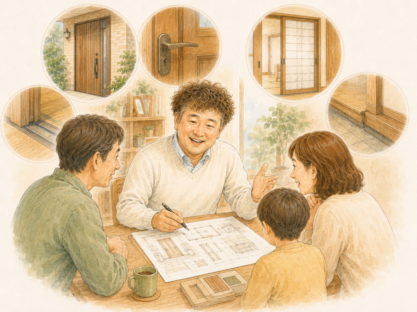 玄関・ドア・建具まわりの修理計画を相談するイラストを説明した図解