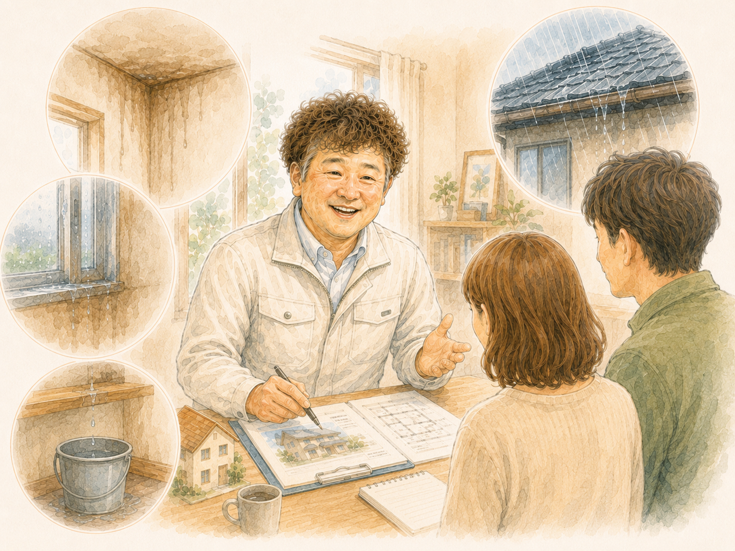 天井のシミ・壁の雨染み・屋根や外壁からの雨漏り不安を説明するイラストを説明した図解