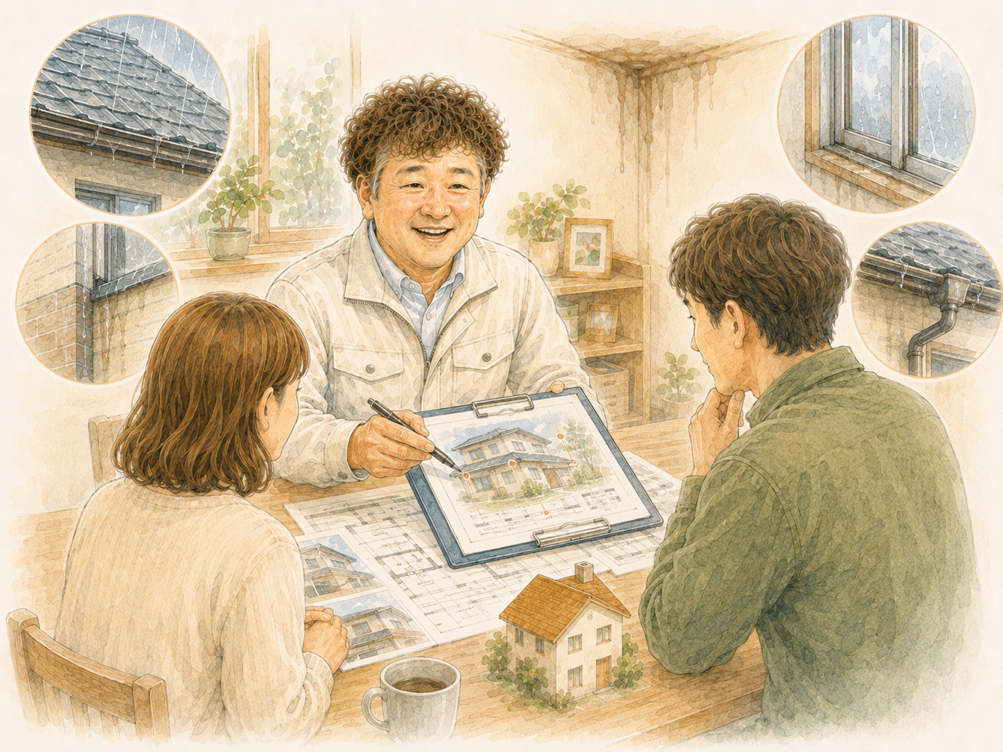 雨漏りの原因調査と修理範囲を相談するリフォーム計画イラストを説明した図解