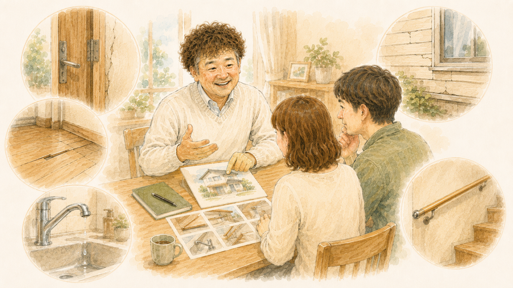 ドア・床・水回り・外まわりなど住まいの小さな困りごとを説明するイラストを説明した図解