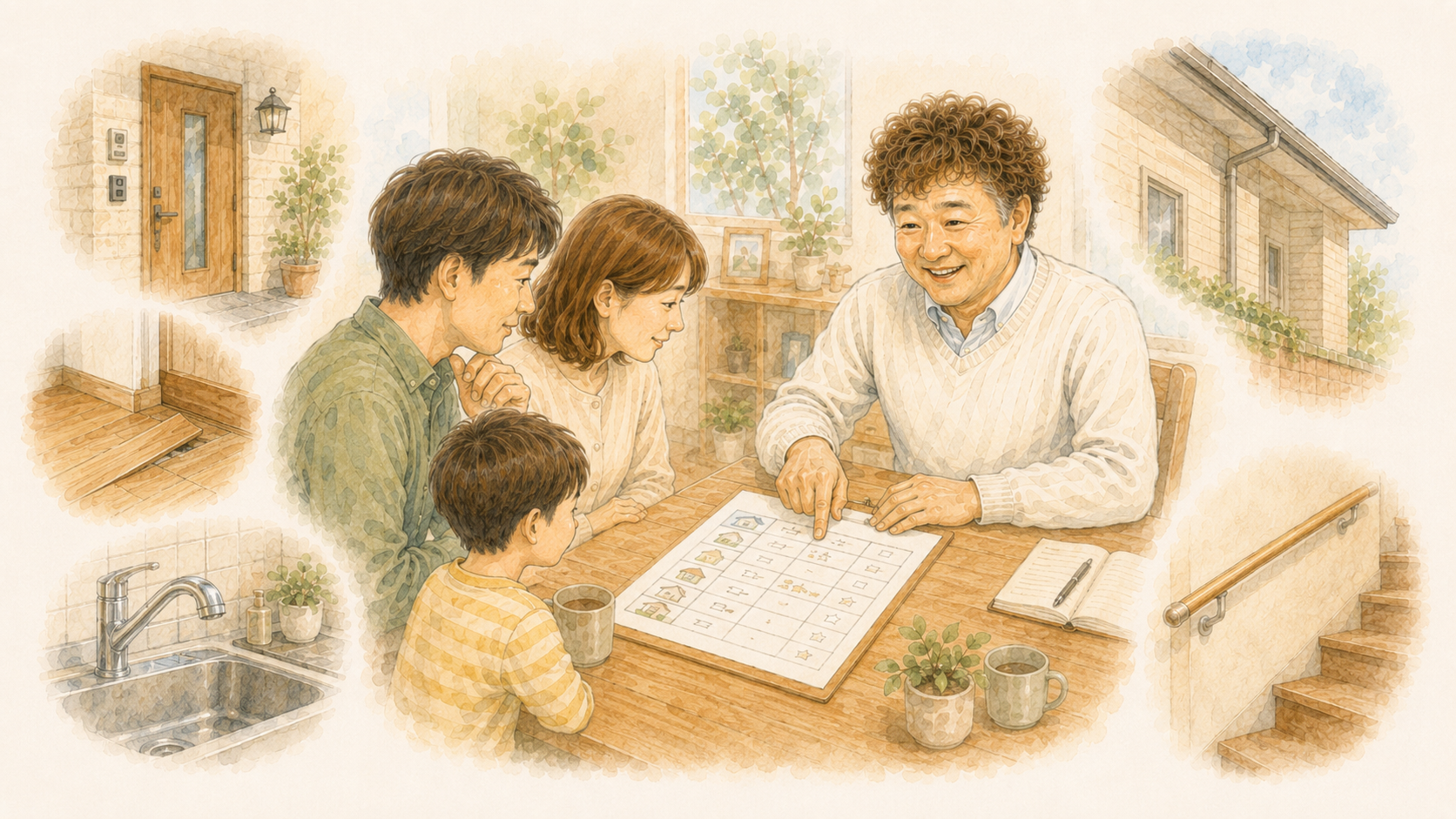 住まいの気になる場所を一緒に整理して修理内容を相談するイラストを説明した図解