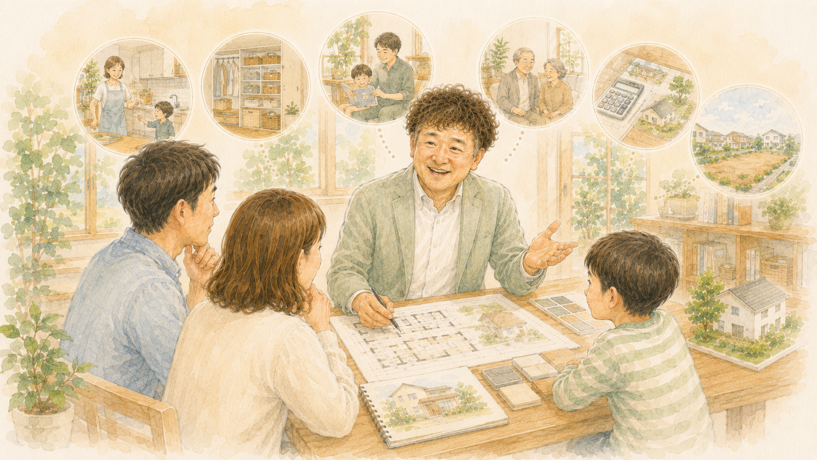 家族の暮らし方に合わせて家づくりの方向性を相談するイラスト