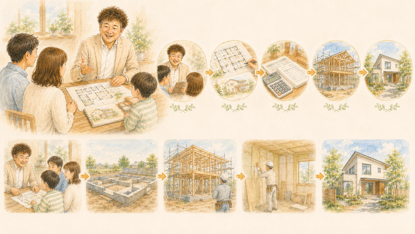相談からプラン作成・工事・完成までの家づくりの流れを説明するイラスト