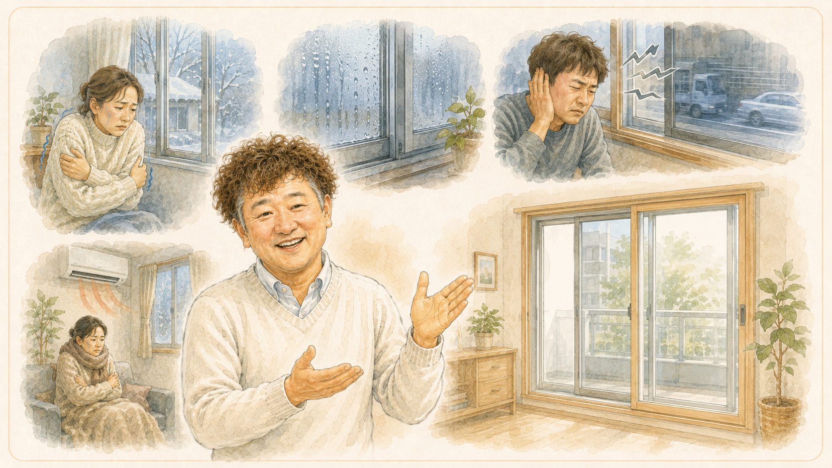 窓まわりの寒さ・結露・騒音など内窓リフォーム前のお悩みを説明するイラストを説明した図解を説明した図解