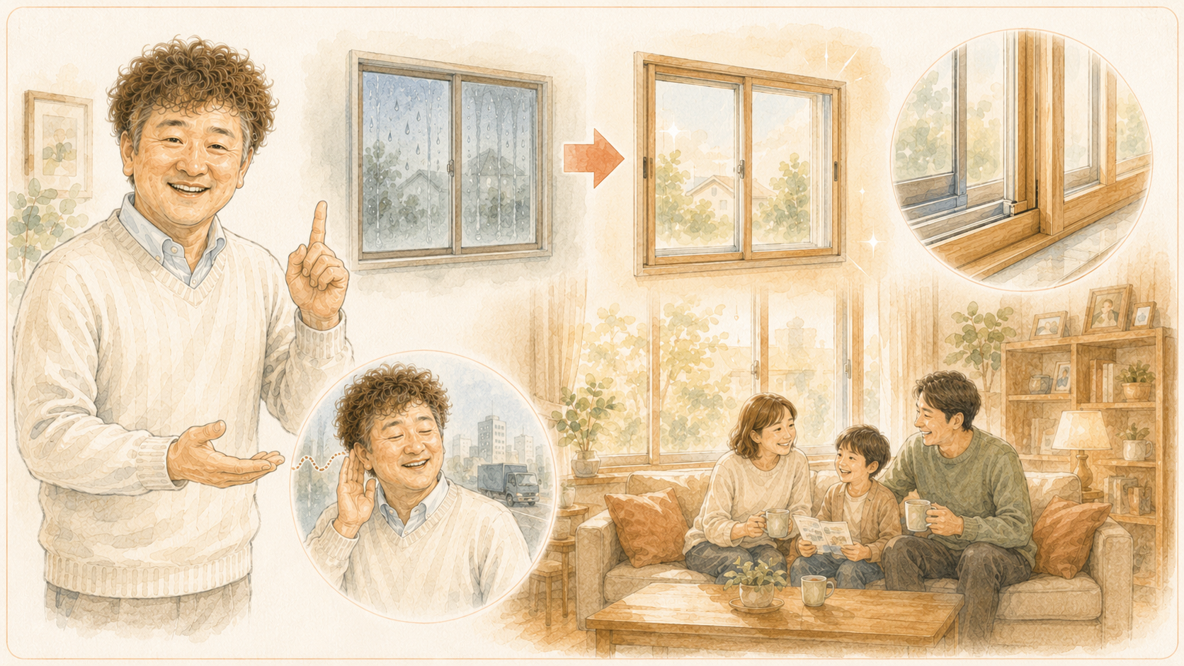 内窓・窓断熱リフォームで期待できる効果を説明するイラストを説明した図解を説明した図解
