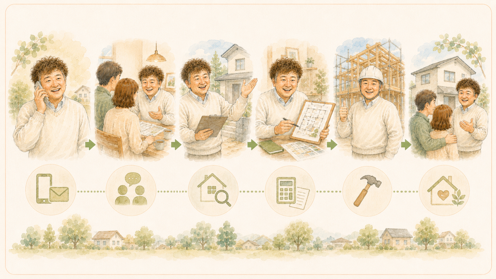 お問い合わせから現地確認、見積もり、工事完了までの流れを説明するイラストを説明した図解